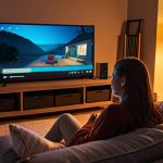 A cozy living room at night. Smart lights are dimmed to a warm, inviting glow, casting soft shadows on a comfortable couch. A person is relaxing, watching a movie on a large screen TV. The scene evokes a sense of personalized entertainment and relaxation, showcasing the benefits of smart home lighting and media integration. Use a cinematic style.