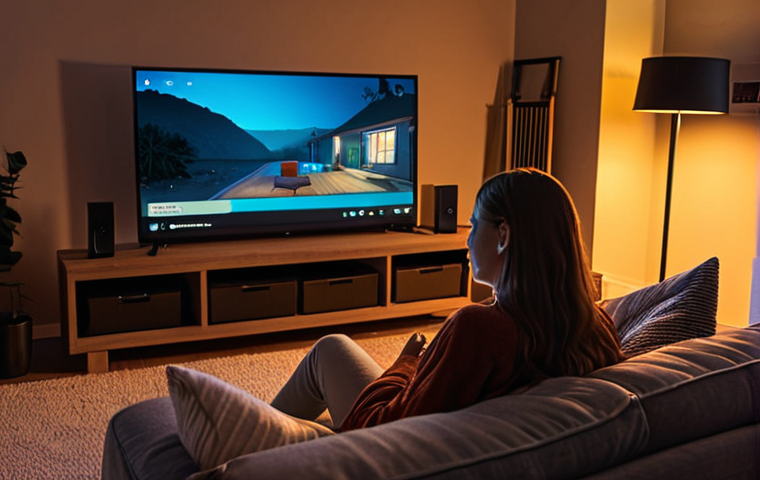 A cozy living room at night. Smart lights are dimmed to a warm, inviting glow, casting soft shadows on a comfortable couch. A person is relaxing, watching a movie on a large screen TV. The scene evokes a sense of personalized entertainment and relaxation, showcasing the benefits of smart home lighting and media integration. Use a cinematic style.