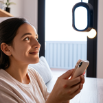 A person relaxing in a modern, smart home, experiencing seamless and instant interactions with their devices. Emphasize the fluid, responsive nature of edge AI: smart lights subtly adjust to their mood, a smart camera on a shelf instantly recognizes a known face, all conveying enhanced data privacy with information visibly staying localized within the home, highlighting intuitive control and immediate responsiveness.