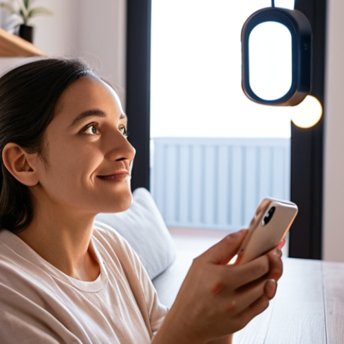 A person relaxing in a modern, smart home, experiencing seamless and instant interactions with their devices. Emphasize the fluid, responsive nature of edge AI: smart lights subtly adjust to their mood, a smart camera on a shelf instantly recognizes a known face, all conveying enhanced data privacy with information visibly staying localized within the home, highlighting intuitive control and immediate responsiveness.