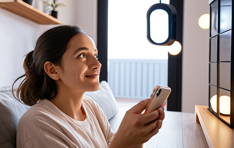 A person relaxing in a modern, smart home, experiencing seamless and instant interactions with their devices. Emphasize the fluid, responsive nature of edge AI: smart lights subtly adjust to their mood, a smart camera on a shelf instantly recognizes a known face, all conveying enhanced data privacy with information visibly staying localized within the home, highlighting intuitive control and immediate responsiveness.