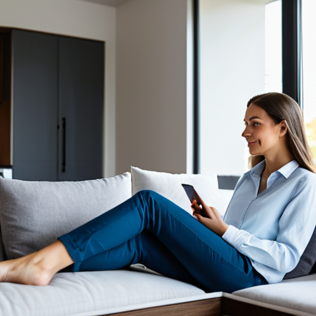 A professional woman, fully clothed in a modest, modern casual outfit, sits comfortably on a plush sofa in a contemporary smart living room. Her expression is serene as subtly integrated smart lighting automatically dims, casting a warm glow. A sleek smart thermostat on the wall displays optimized settings. The room features minimalist decor and large windows offering a peaceful, sunlit view outside. This scene embodies seamless ambient intelligence, fully clothed, appropriate attire, safe for work, perfect anatomy, correct proportions, natural pose, well-formed hands, proper finger count, natural body proportions, professional photography, high quality, family-friendly, appropriate content.