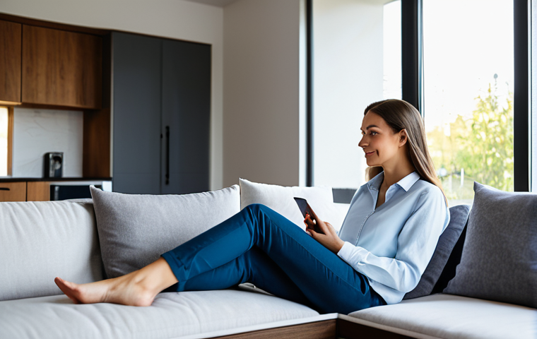 A professional woman, fully clothed in a modest, modern casual outfit, sits comfortably on a plush sofa in a contemporary smart living room. Her expression is serene as subtly integrated smart lighting automatically dims, casting a warm glow. A sleek smart thermostat on the wall displays optimized settings. The room features minimalist decor and large windows offering a peaceful, sunlit view outside. This scene embodies seamless ambient intelligence, fully clothed, appropriate attire, safe for work, perfect anatomy, correct proportions, natural pose, well-formed hands, proper finger count, natural body proportions, professional photography, high quality, family-friendly, appropriate content.