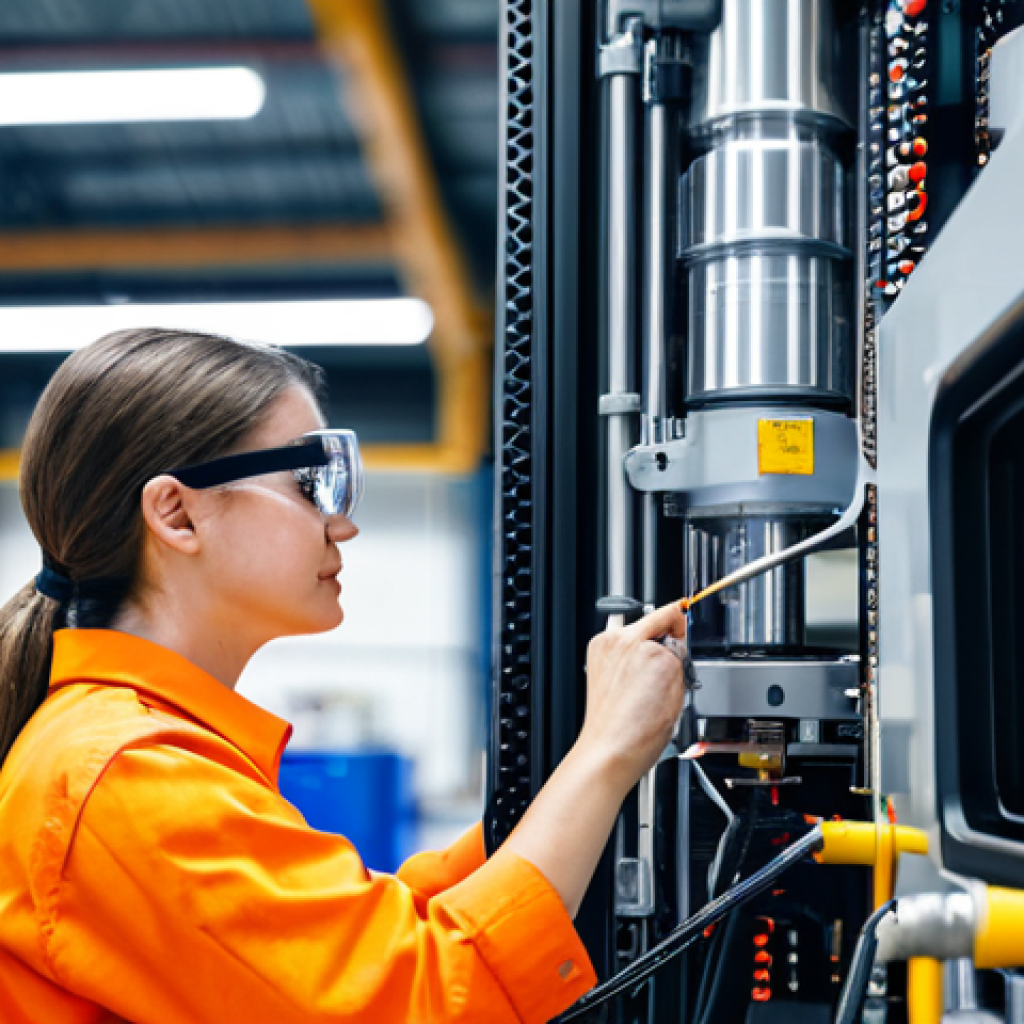 A professional female IoT engineer, wearing a modest work jumpsuit and safety glasses, meticulously inspecting an industrial sensor attached to a piece of machinery on a modern, well-lit factory floor. The setting emphasizes practical deployment and real-world challenges. Fully clothed, appropriate attire, safe for work, perfect anatomy, correct proportions, natural pose, well-formed hands, proper finger count, natural body proportions, professional photography, high quality, family-friendly.
