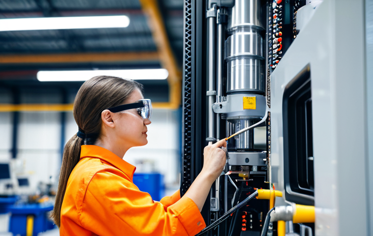 A professional female IoT engineer, wearing a modest work jumpsuit and safety glasses, meticulously inspecting an industrial sensor attached to a piece of machinery on a modern, well-lit factory floor. The setting emphasizes practical deployment and real-world challenges. Fully clothed, appropriate attire, safe for work, perfect anatomy, correct proportions, natural pose, well-formed hands, proper finger count, natural body proportions, professional photography, high quality, family-friendly.