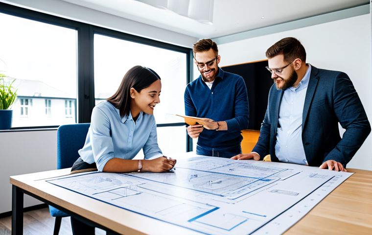 **

"A diverse team collaborating around a smart home blueprint on a large table, fully clothed, appropriate attire, safe for work, showcasing networking diagrams and device schematics, well-lit modern office environment, natural expressions, perfect anatomy, correct proportions, demonstrating teamwork, professional, family-friendly, appropriate content."

**