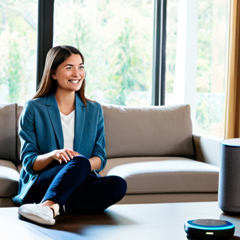 Modern Living Room Scene**

"A bright and airy modern living room, showcasing smart home integration. A woman is using voice control with a smart speaker (like Amazon Echo or Google Home) to dim the lights. The scene includes smart lighting, a comfortable sofa, and a modern coffee table. Fully clothed, appropriate attire, safe for work. Focus on a clean and inviting aesthetic. Perfect anatomy, correct proportions, natural pose, well-formed hands, proper finger count, natural body proportions, professional photography, high quality, modest, family-friendly, professional."

**