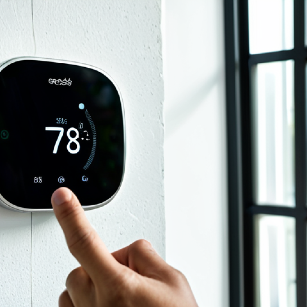 스마트홈에서의 환경 보호 솔루션 도입 - **Intelligent Thermostat: Climate Conductor**
    A close-up, eye-level shot of a sleek, modern smar...