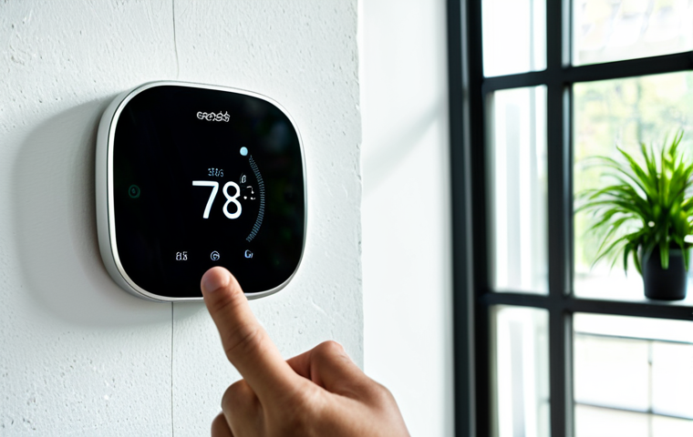 스마트홈에서의 환경 보호 솔루션 도입 - **Intelligent Thermostat: Climate Conductor**
    A close-up, eye-level shot of a sleek, modern smar...