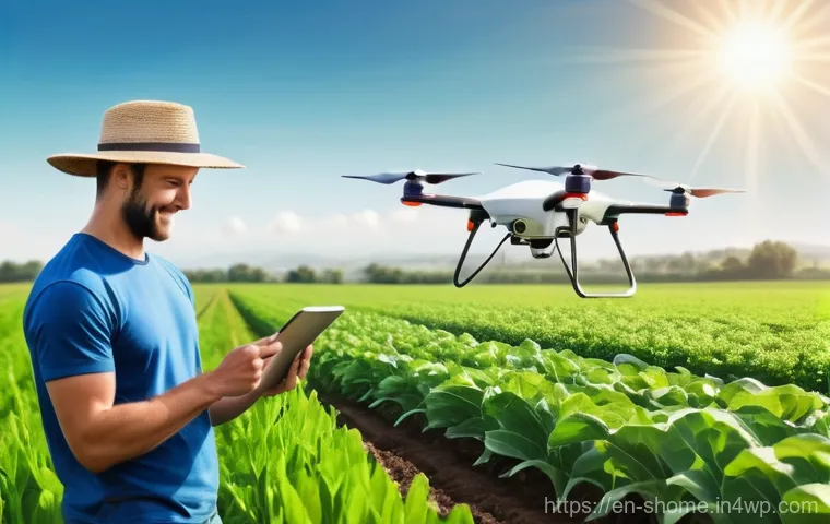 IoT 기기로 구축하는 스마트 빌리지 사례 - Smart Farming in Action**
A wide shot of a vibrant, healthy agricultural field in a picturesque rura...