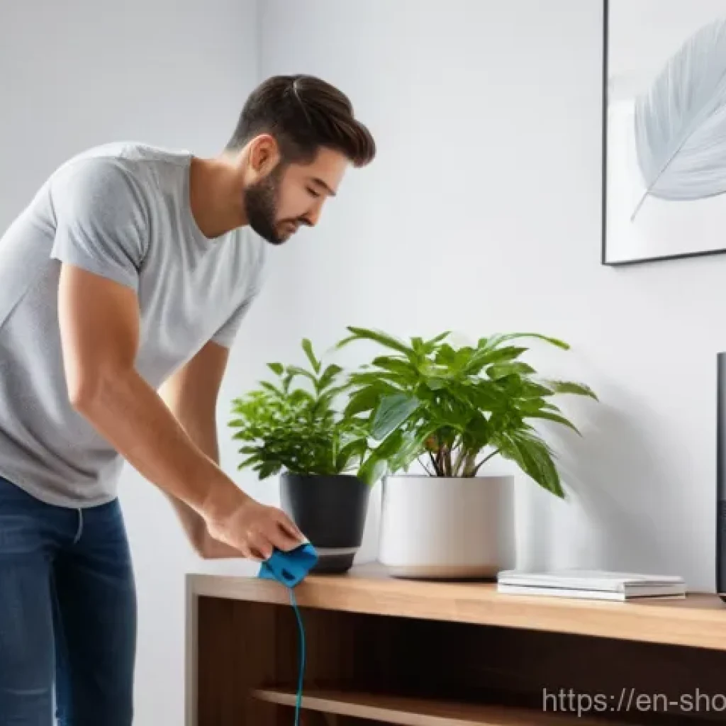 스마트홈 설치 후 유지보수 체크리스트 - **Prompt:** "A person, casually dressed in a t-shirt and jeans, gently wiping down a sleek, minimali...