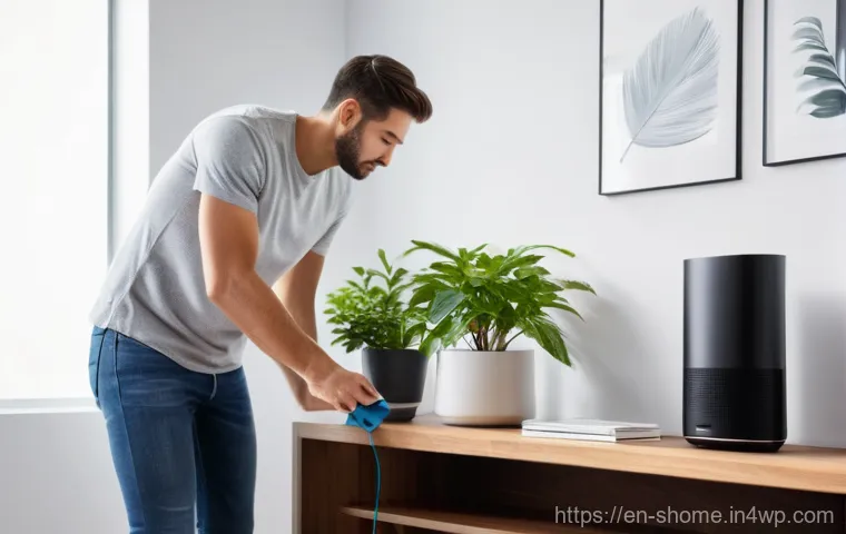 스마트홈 설치 후 유지보수 체크리스트 - **Prompt:** "A person, casually dressed in a t-shirt and jeans, gently wiping down a sleek, minimali...