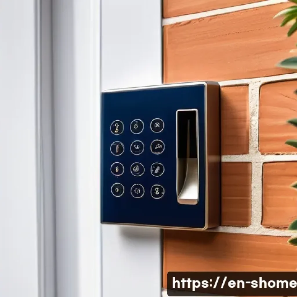 스마트홈에서의 가족 안전 관리 시스템 구축 - A modern suburban front door equipped with a sleek biometric fingerprint smart lock and a keypad loc...