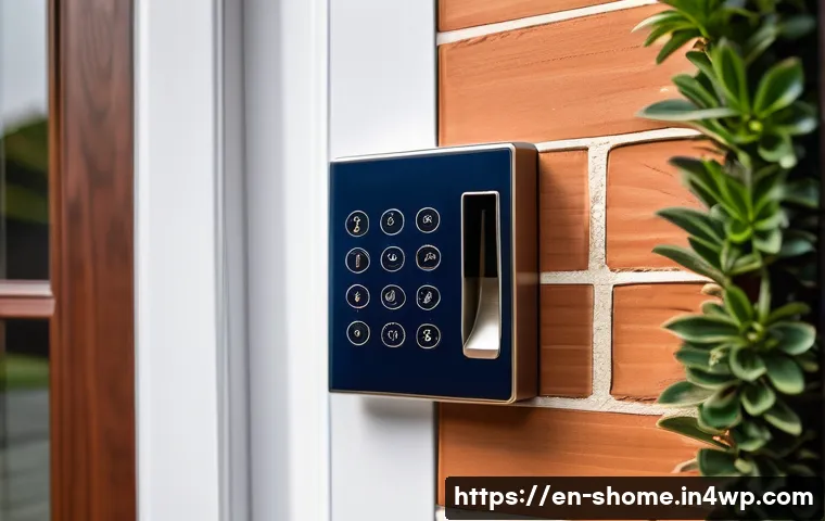 스마트홈에서의 가족 안전 관리 시스템 구축 - A modern suburban front door equipped with a sleek biometric fingerprint smart lock and a keypad loc...