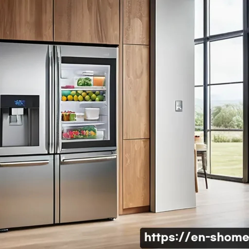 IoT 기기를 활용한 식사 준비 자동화 시스템 - A modern smart kitchen interior featuring a sleek smart refrigerator with a transparent touchscreen ...