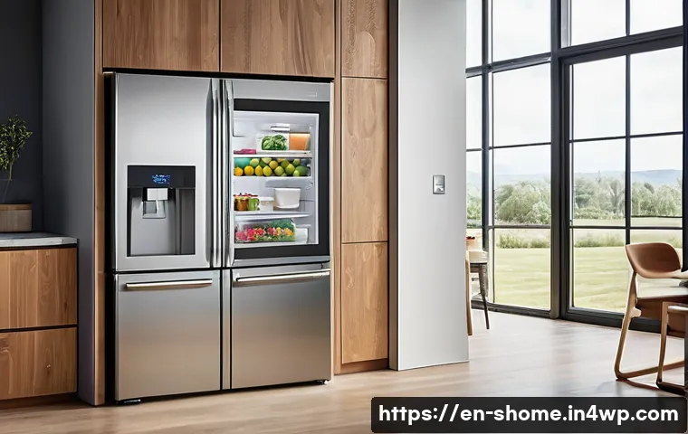 IoT 기기를 활용한 식사 준비 자동화 시스템 - A modern smart kitchen interior featuring a sleek smart refrigerator with a transparent touchscreen ...