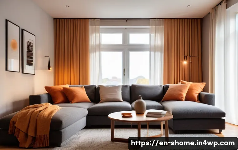 스마트 조명 색상 컨트롤과 활용법 - A cozy modern living room at dusk, illuminated by warm amber and soft orange smart lighting that cre...