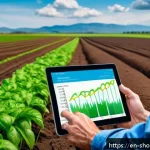 Home 22 IoT 기기로 구현하는 스마트 팜 관리 시스템 - A modern smart farm field scene showcasing advanced soil moisture sensors inserted into rich, dark s...