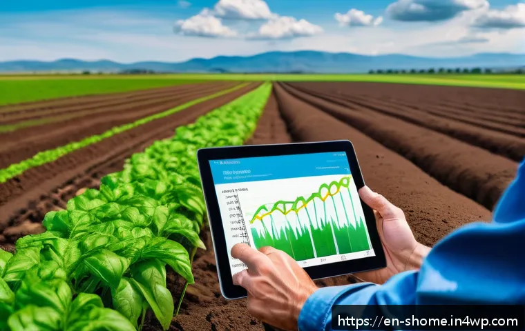 IoT 기기로 구현하는 스마트 팜 관리 시스템 - A modern smart farm field scene showcasing advanced soil moisture sensors inserted into rich, dark s...
