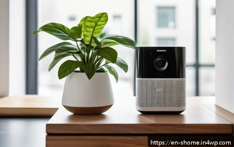 IoT 기기 설치 방법 및 주의사항 - A modern, cozy living room setting featuring a smart security camera mounted on a wall near a window...