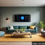 Home 19 스마트홈에서의 데이터 분석과 활용 방안 - A modern smart home interior showcasing adaptive energy management: sleek living room with large win...