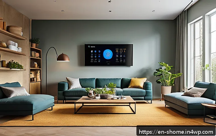스마트홈에서의 데이터 분석과 활용 방안 - A modern smart home interior showcasing adaptive energy management: sleek living room with large win...