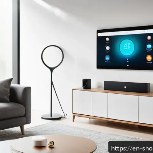 Home 30 IoT 기기의 통합 관리 방안 - A modern smart home living room showcasing a seamless IoT control setup: various smart devices inclu...
