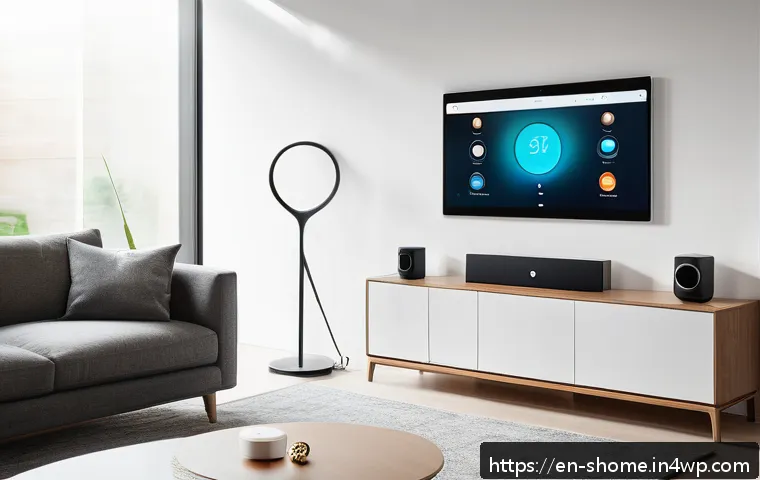 IoT 기기의 통합 관리 방안 - A modern smart home living room showcasing a seamless IoT control setup: various smart devices inclu...