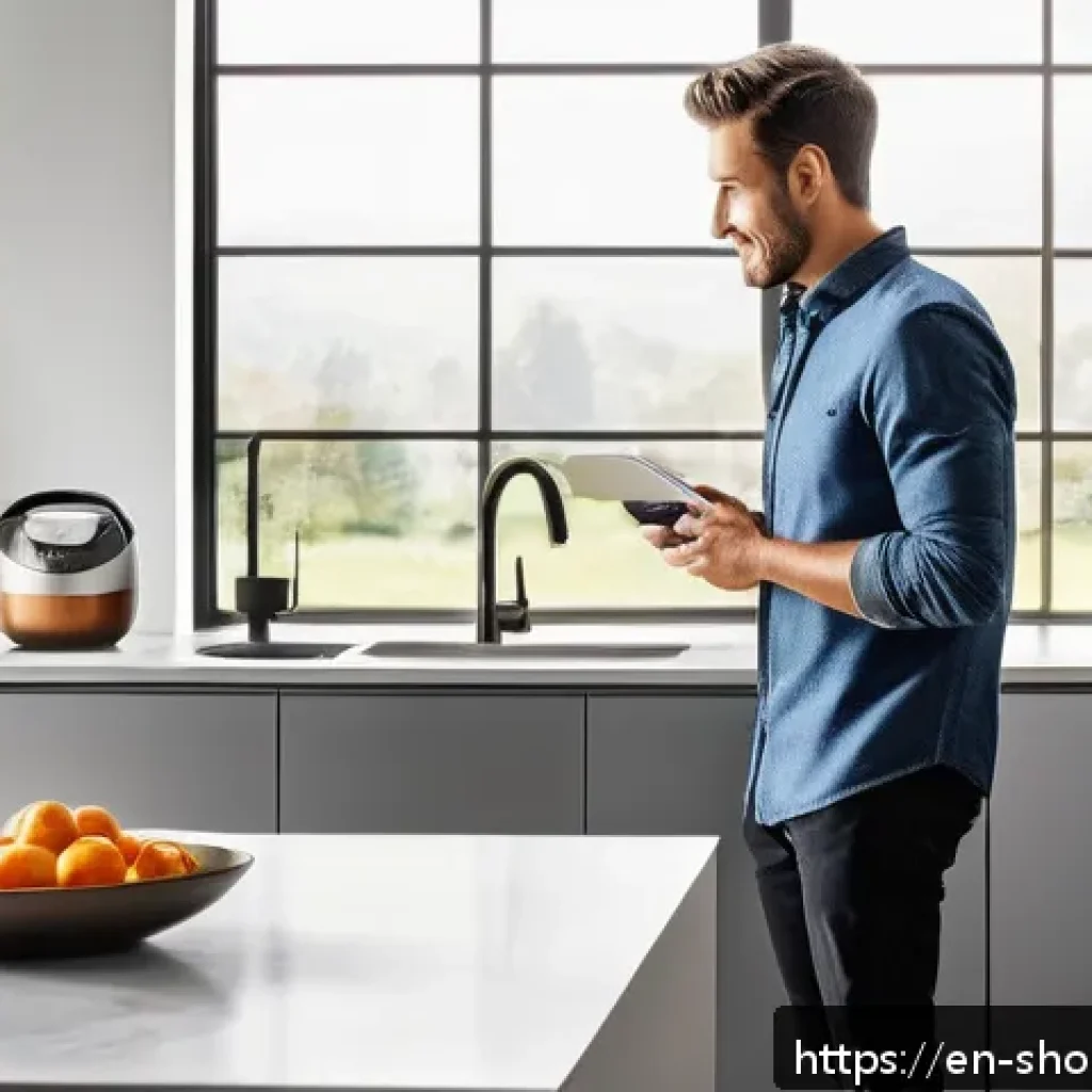 스마트 가전제품의 특징과 장점 - A modern, stylish kitchen scene featuring a person using voice commands to control multiple smart ap...
