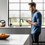 Home 23 스마트 가전제품의 특징과 장점 - A modern, stylish kitchen scene featuring a person using voice commands to control multiple smart ap...