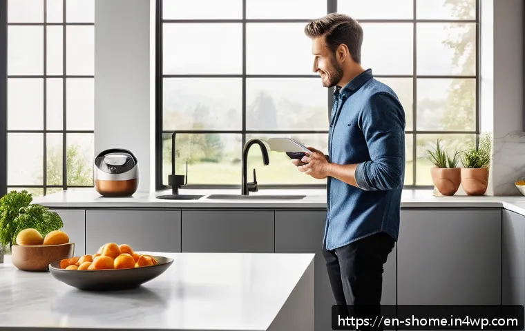 스마트 가전제품의 특징과 장점 - A modern, stylish kitchen scene featuring a person using voice commands to control multiple smart ap...