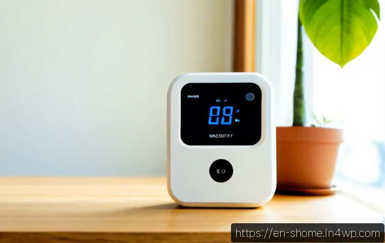 Home 30 IoT 기기를 활용한 환경 모니터링 시스템 - Photorealistic modern smart home environmental monitoring scene, compact wireless air-quality sensor...
