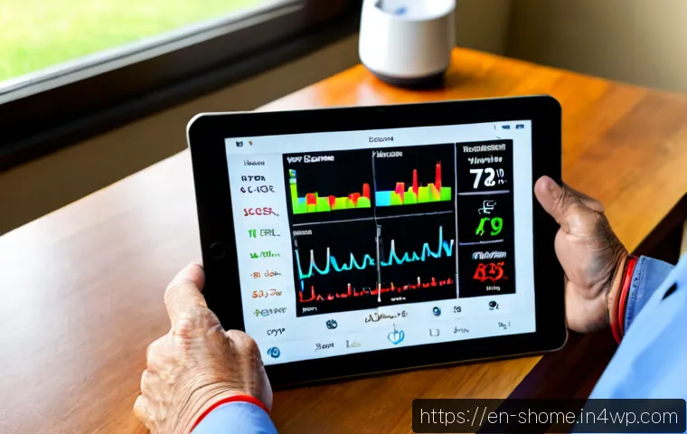 Home 17 IoT 기기를 통한 건강 모니터링 시스템 구축 - Photorealistic home health monitoring setup in a bright American suburban living room, an older adul...